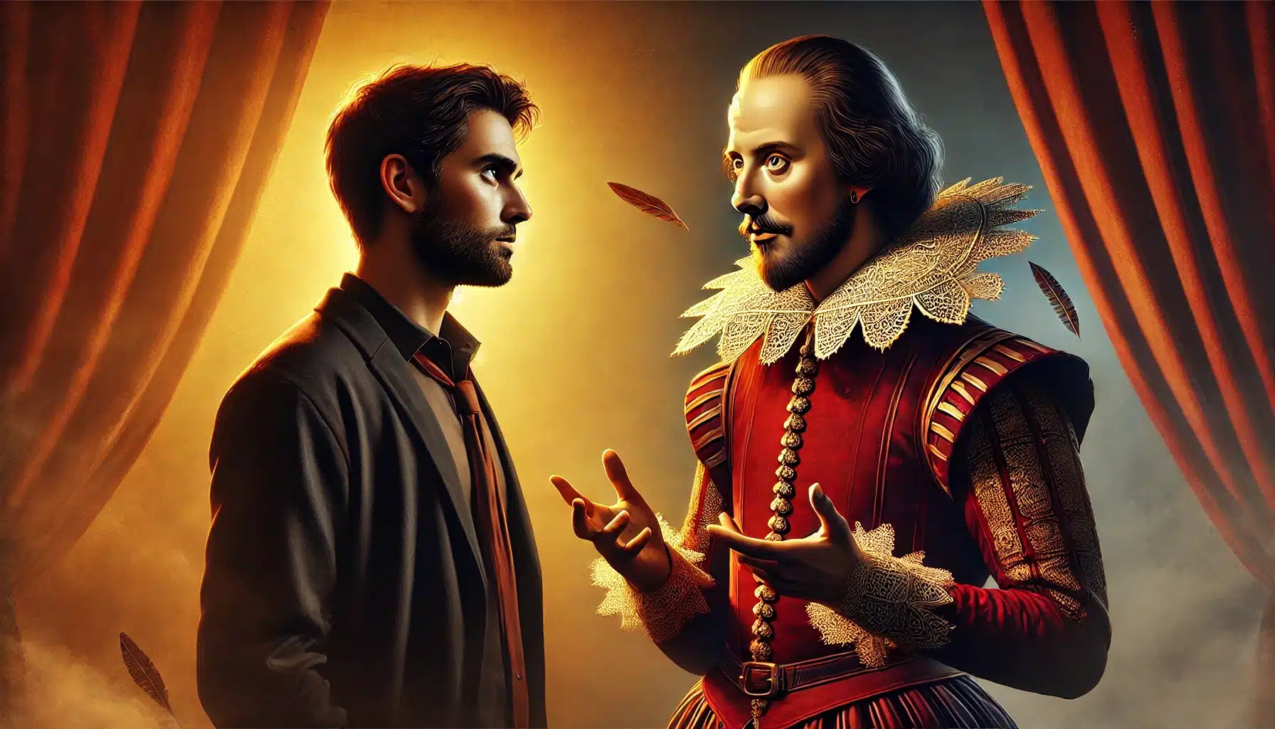 William Shakespeare, em trajes históricos detalhados, conversa com uma pessoa moderna vestida casualmente. O olhar do escritor é contemplativo, e sua mão gesticula enquanto compartilha uma lição profunda. A pessoa ao lado escuta atentamente, com um olhar de introspecção. O fundo tem iluminação dourada, simbolizando sabedoria, contrastada por tons vermelhos e pretos que trazem intensidade e profundidade à cena.