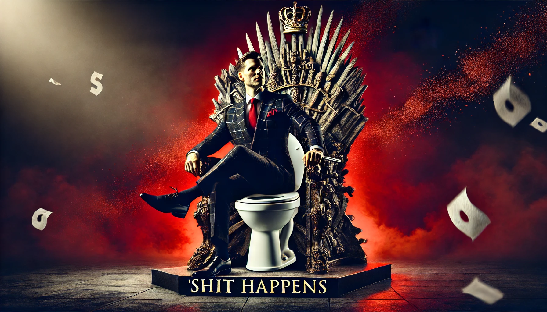 Empresário sentado em um trono que lembra sutilmente uma privada, vestindo um terno elegante e uma coroa, exalando confiança e autoridade. O fundo em tons de vermelho e preto simboliza desafios superados e sucesso conquistado.