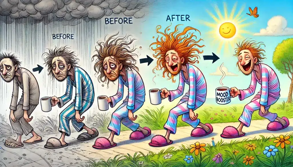 Pessoa cansada e mal-humorada caminhando de pijama, se transformando em uma versão feliz ao longo do caminho, com cenário mudando de sombrio para vibrante.