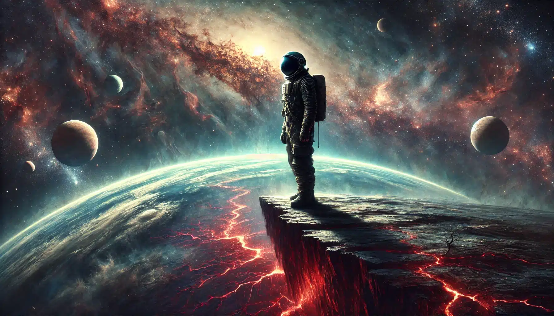 Astronauta de pé na borda de um planeta misterioso, com expressão determinada e contemplativa, olhando para o espaço infinito. O traje é futurista e resistente, sugerindo uma jornada épica. O solo do planeta tem fissuras vermelhas brilhantes, irradiando energia. O fundo cósmico é preenchido por galáxias e corpos celestes, transmitindo a grandiosidade da exploração e do autoconhecimento.
