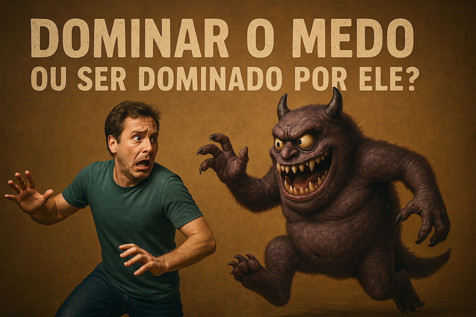 Homem assustado foge de um monstro roxo com aparência ameaçadora, enquanto a frase “Dominar o medo ou ser dominado por ele?” aparece ao fundo em letras grandes.