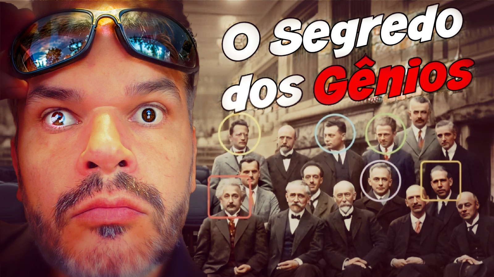 Homem com expressão surpresa e óculos refletindo o céu, ao lado de uma foto histórica colorizada de um grupo de cientistas, com alguns rostos destacados em círculos e quadrados. Texto na imagem: "O Segredo dos Gênios".