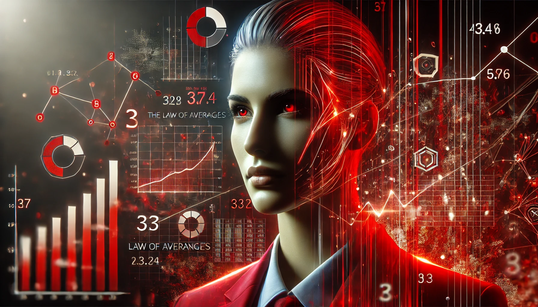 Mulher em estilo futurista, de terno vermelho, rodeada por gráficos, diagramas e números em tons de vermelho e branco, representando dados estatísticos e conceitos de análise.