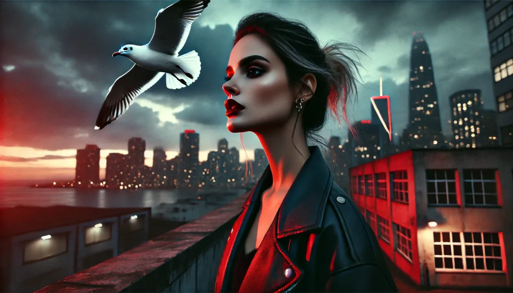 Mulher em um rooftop ao entardecer, usando jaqueta de couro preta e batom vermelho, olhando para o céu onde uma gaivota branca voa; ao fundo, uma cidade sob tons vermelhos e pretos, cena simbólica de liberdade e propósito.