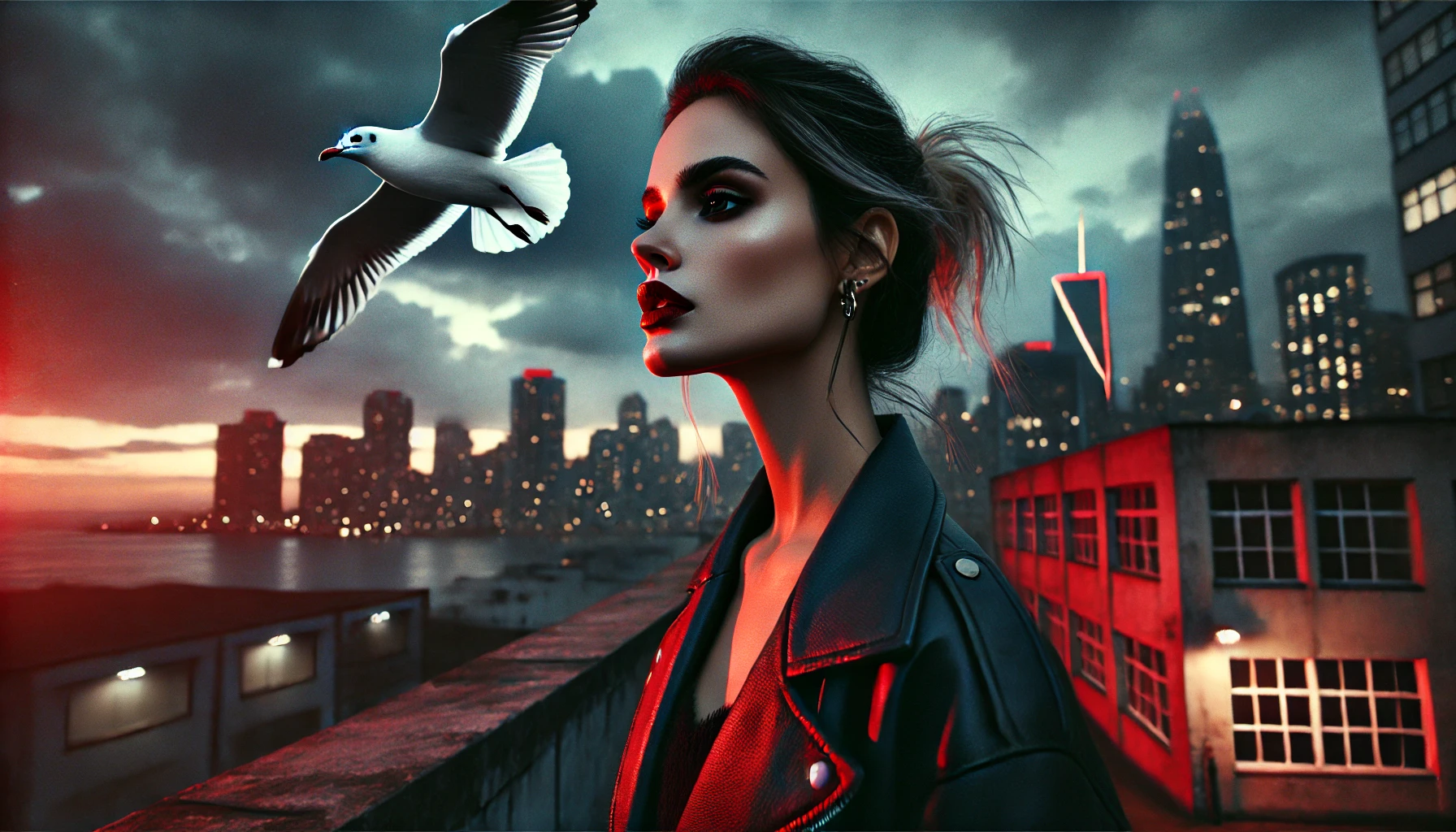 Mulher em um rooftop ao entardecer, usando jaqueta de couro preta e batom vermelho, olhando para o céu onde uma gaivota branca voa; ao fundo, uma cidade sob tons vermelhos e pretos, cena simbólica de liberdade e propósito.