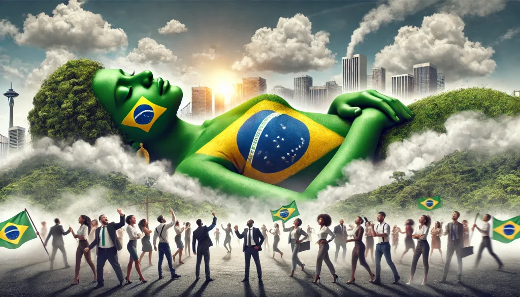 Ilustração digital de um gigante adormecido representado por uma mulher com tons verde e amarelo, simbolizando o Brasil. Empreendedores, vendedores e mulheres negras tentam despertá-la, enquanto ao fundo uma cidade moderna emerge da névoa.