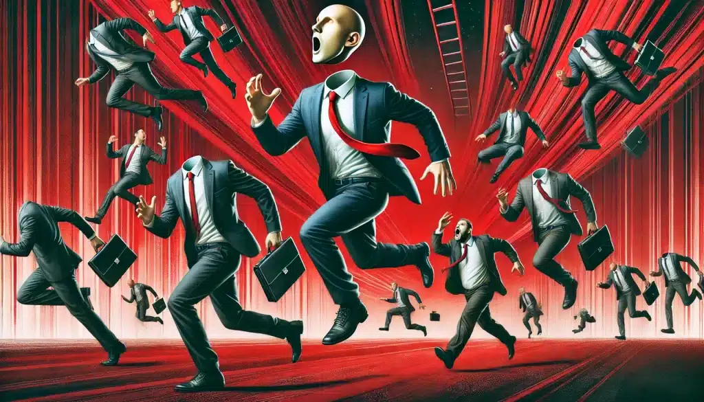 Um executivo sem cabeça, vestido com um terno formal, corre desesperadamente atrás de sua própria cabeça gigante e em pânico, que quica caoticamente em um cenário surreal de tons vermelhos e pretos. Outros executivos também aparecem em situações absurdas, tropeçando em maletas flutuantes e tentando subir escadas invisíveis.