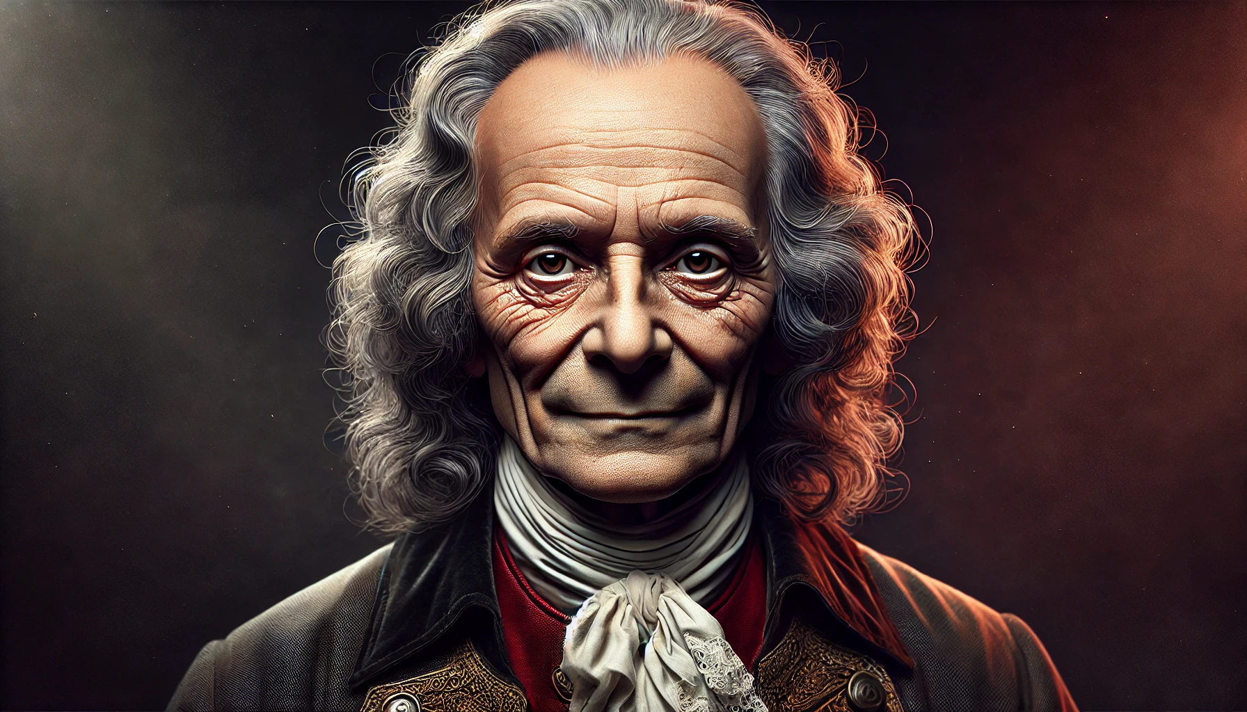 Retrato ultra-realista de Voltaire, filósofo do Iluminismo, com um olhar penetrante e um leve sorriso irônico. Seu rosto exibe rugas naturais, evidenciando sua sabedoria e o tempo vivido. Ele veste roupas autênticas do século XVIII, ricamente detalhadas. A iluminação dramática destaca suas expressões, enquanto o fundo em tons de vermelho e preto simboliza sua rebeldia intelectual e sua luta contra a hipocrisia.