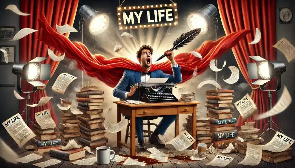 Homem exagerado com capa de super-herói tentando reescrever sua vida em meio ao caos, com livros empilhados, pena gigante e uma máquina de escrever fumando.