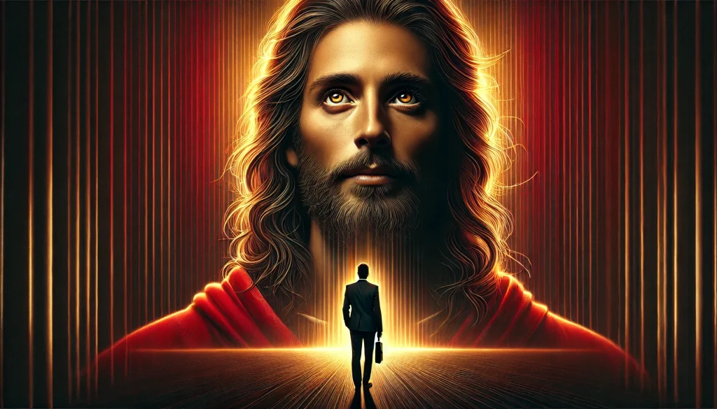 Jesus Cristo realista, com olhar profundo e iluminado, encara um executivo hesitante, simbolizando um questionamento sobre a verdadeira direção da vida. O fundo vermelho e preto reforça o dilema entre o material e o espiritual.
