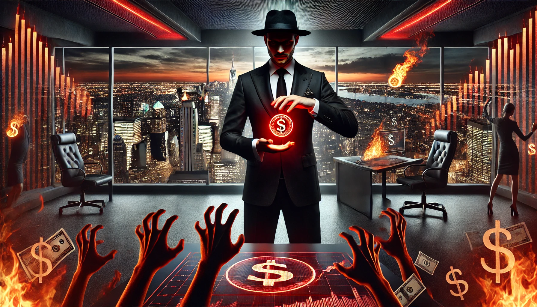Homem poderoso com cartola e terno preto em um escritório luxuoso à noite, segurando uma moeda vermelha brilhante enquanto mãos sombrias tentam alcançar sua riqueza, com gráficos flamejantes e notas queimando ao fundo.