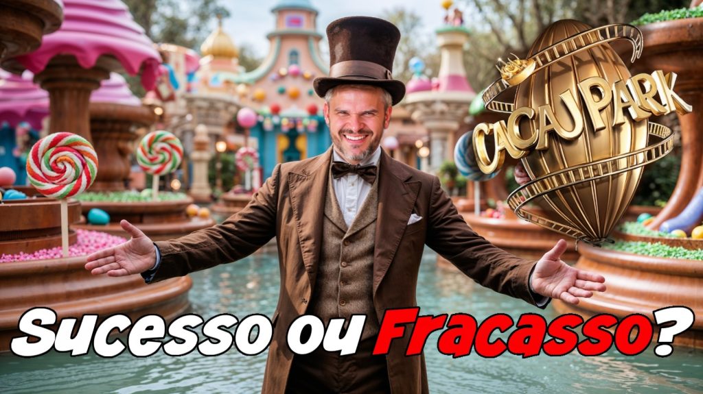 Homem sorridente vestido como mágico ou anfitrião em parque temático colorido, com decoração de doces gigantes, chapéu alto e braços abertos; ao lado, logotipo dourado do "Cacau Park" e a pergunta "Sucesso ou Fracasso?".