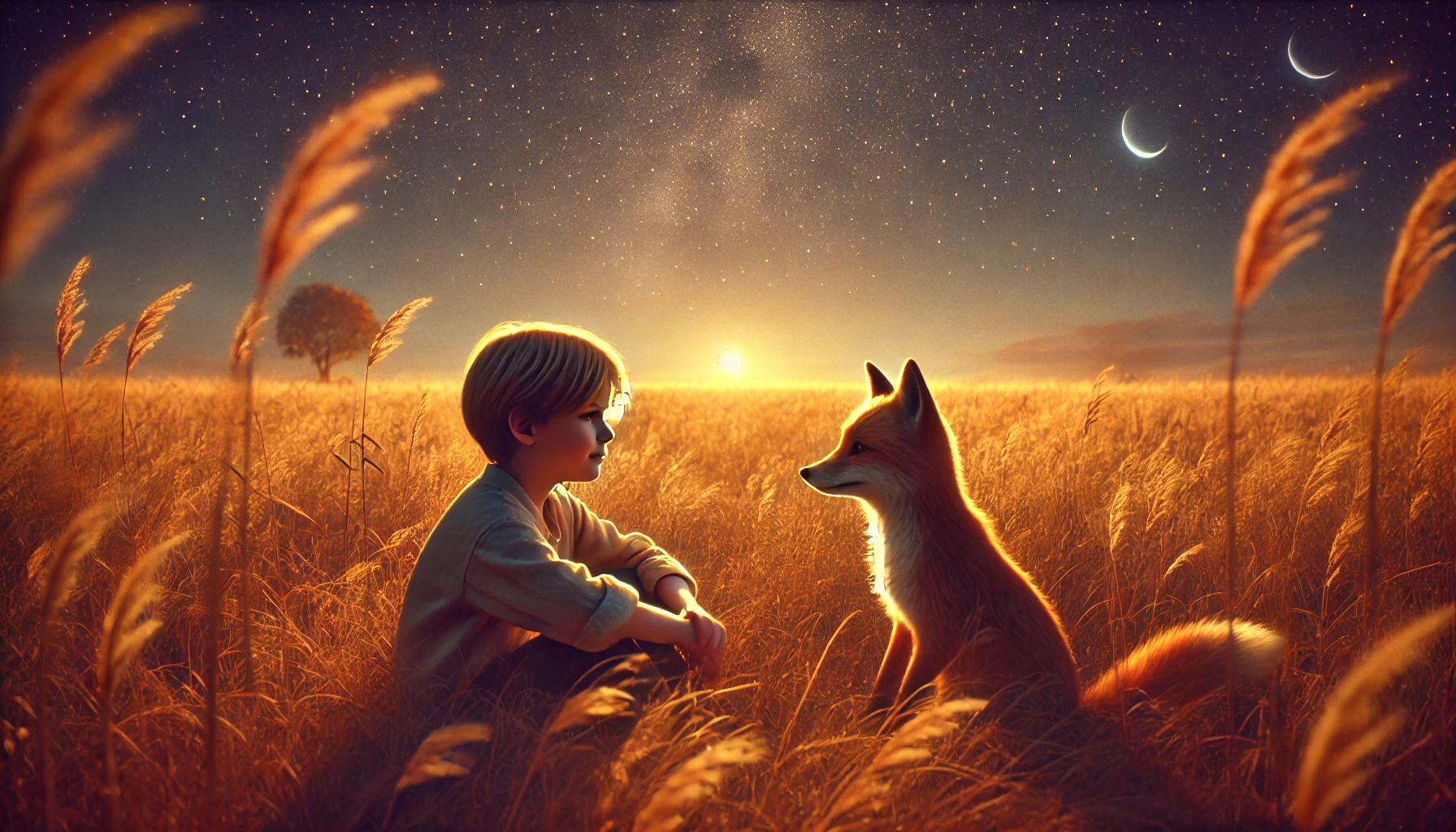 Um campo dourado ao entardecer, com um jovem sentado ao lado de uma raposa. Ambos contemplam o horizonte, em silêncio, simbolizando conexão e entendimento profundo. A luz quente e suave no estilo Kodak cria um clima nostálgico e emocional. Estrelas começam a aparecer no céu.