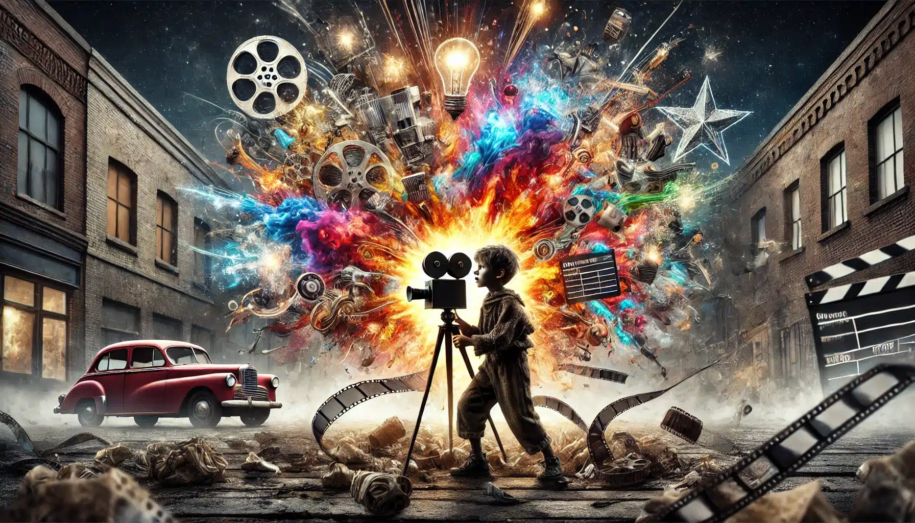 Menino de roupas simples segurando uma câmera de papelão, cercado por uma explosão colorida de luzes, filmes, ideias e elementos cinematográficos saindo de sua mente.