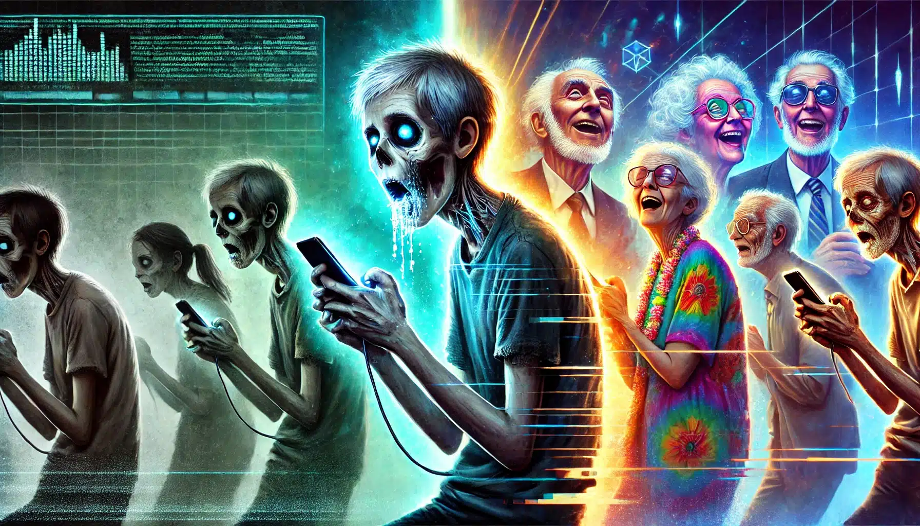Ilustração digital mostrando, à esquerda, um menino com aparência de zumbi fixado em um celular, e à direita, um casal de idosos dançando com alegria, em um ambiente surreal que contrasta frieza digital com calor humano.