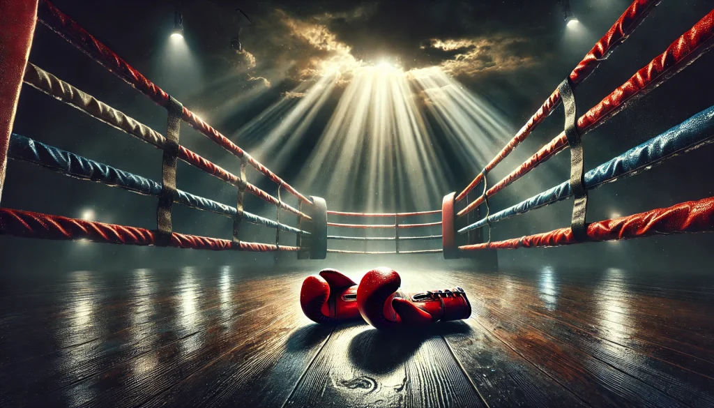 Ringue de boxe vazio sob luz dramática, com um par de luvas vermelhas gastas no centro do chão. Atmosfera silenciosa, com nuvens escuras e feixes de luz dourada atravessando o céu, simbolizando o fim de uma batalha, exaustão e reflexão.