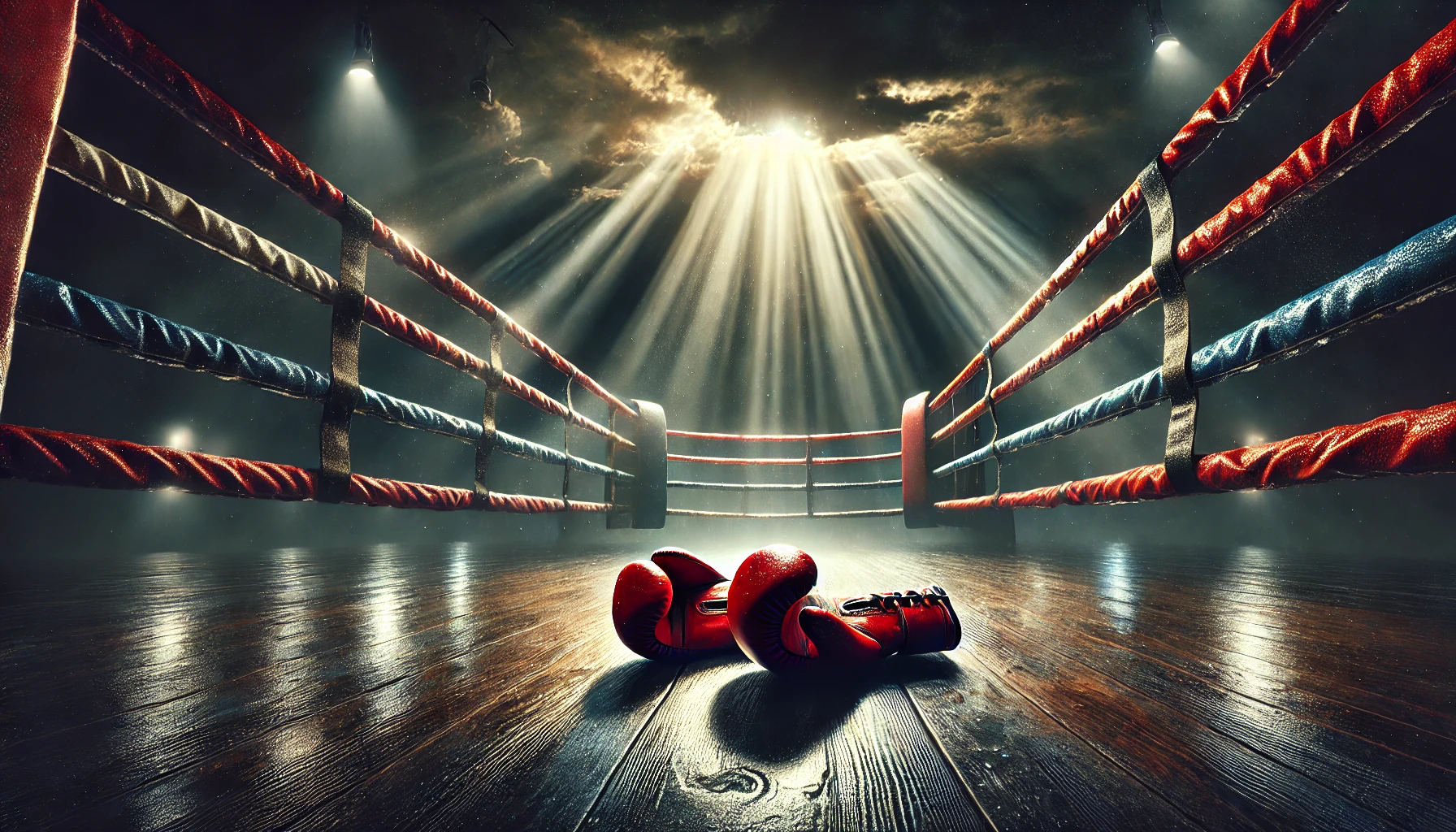 Ringue de boxe vazio sob luz dramática, com um par de luvas vermelhas gastas no centro do chão. Atmosfera silenciosa, com nuvens escuras e feixes de luz dourada atravessando o céu, simbolizando o fim de uma batalha, exaustão e reflexão.