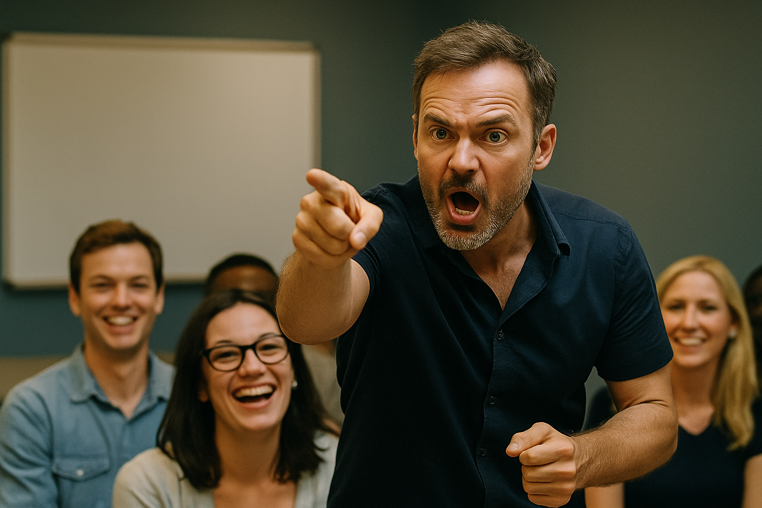 Homem palestrante de camisa escura apontando com energia para o público enquanto uma plateia diversa sorri e se envolve na apresentação em um ambiente de sala de conferência.