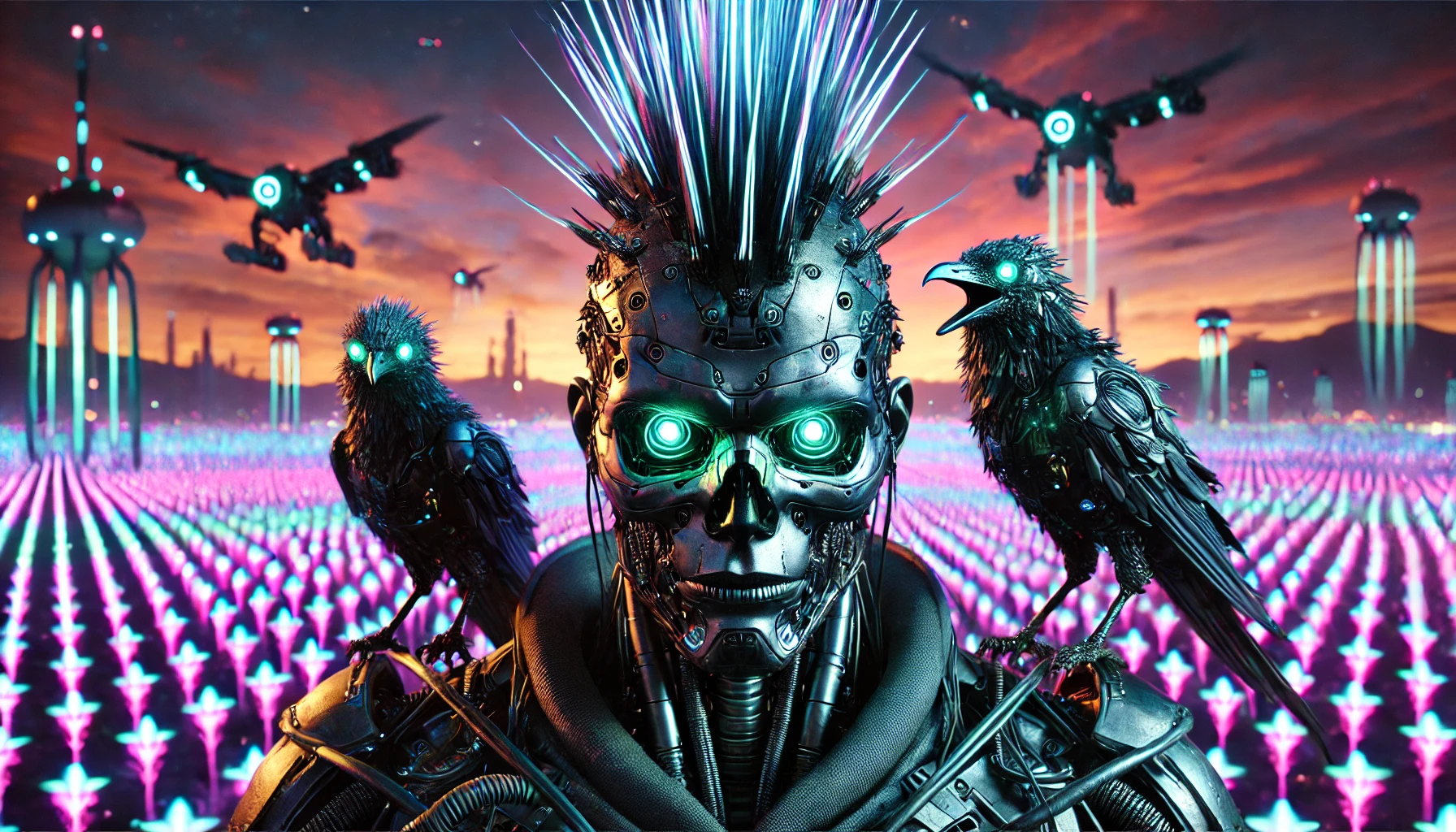 Close-up em formato panorâmico de um espantalho cyberpunk com moicano metálico, corvos cibernéticos nos ombros e um campo futurista iluminado por néons ao fundo.
