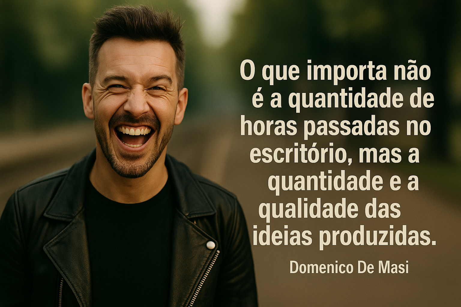 Homem sorridente ao ar livre com jaqueta de couro preta, ao lado de uma citação de Domenico De Masi sobre produtividade e criatividade.