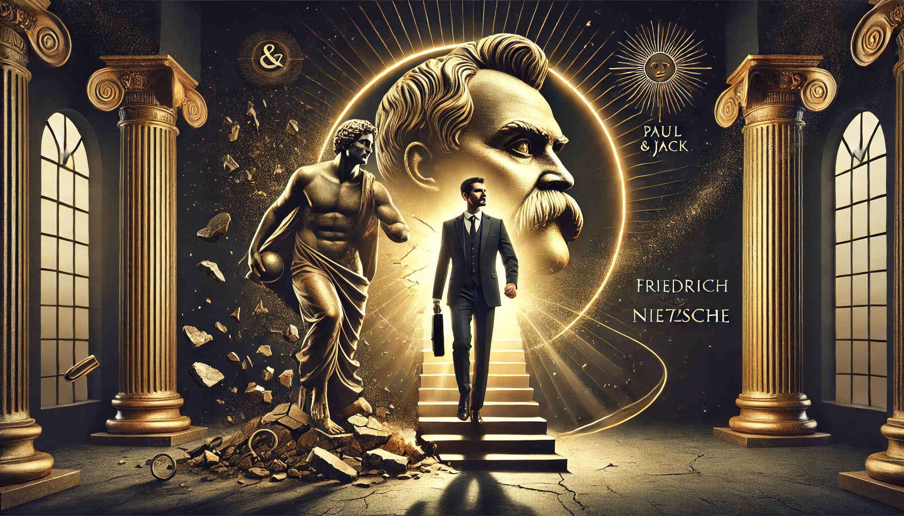 Imagem dramática e estilizada com inspiração em Nietzsche, mostrando um profissional moderno subindo uma escada iluminada, com uma estátua de deus em ruínas ao fundo e o rosto pensativo de Nietzsche integrado à paisagem, simbolizando a quebra de paradigmas e a reinvenção de carreira.