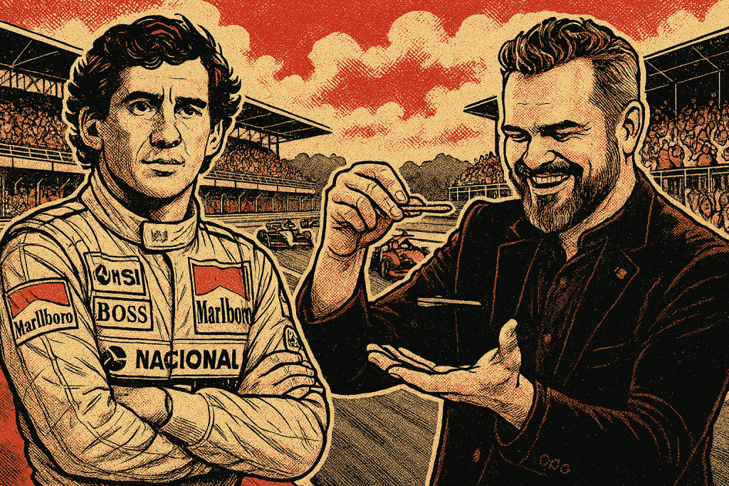 Ilustração em estilo HQ de Ayrton Senna com expressão séria, vestindo macacão de corrida vermelho, ao lado do ilusionista Paul em um autódromo, realizando um truque de mágica com uma colher. Ao fundo, carros de Fórmula 1 passam em alta velocidade enquanto a plateia aplaude.