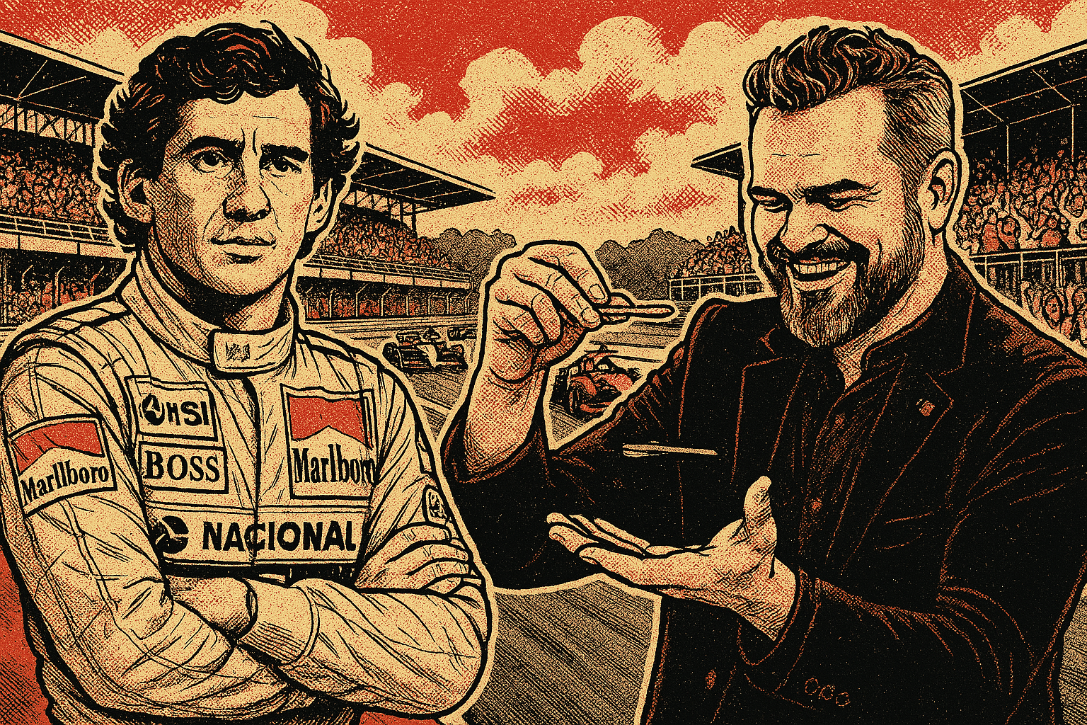 Ilustração em estilo HQ de Ayrton Senna com expressão séria, vestindo macacão de corrida vermelho, ao lado do ilusionista Paul em um autódromo, realizando um truque de mágica com uma colher. Ao fundo, carros de Fórmula 1 passam em alta velocidade enquanto a plateia aplaude.