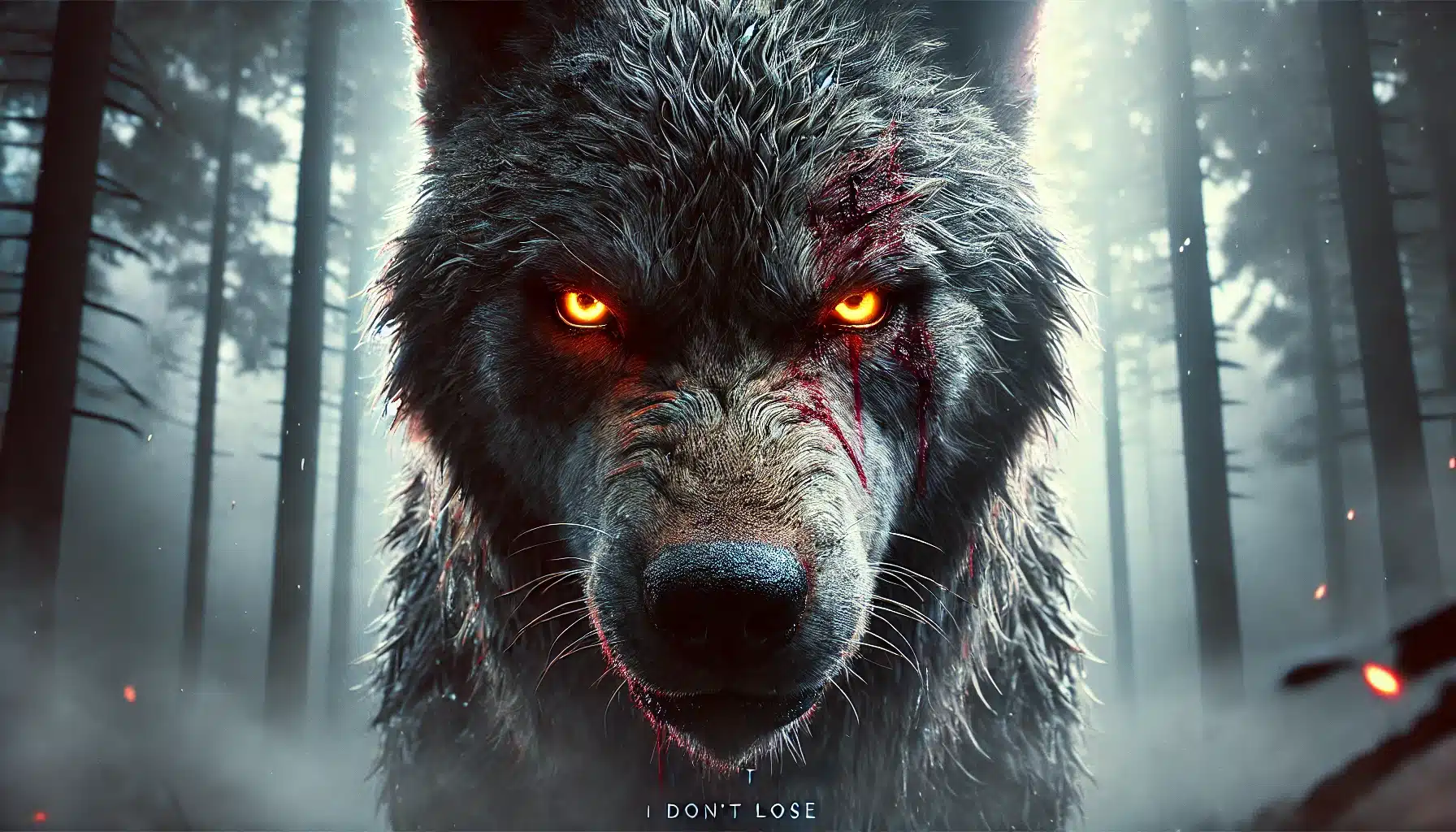 Close realista de um lobo em uma floresta com expressão intensa e feroz, simbolizando determinação, liderança e espírito guerreiro.
