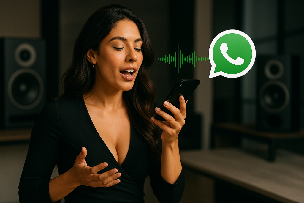Mulher jovem gravando áudio de vendas no WhatsApp com expressão envolvente, em um ambiente moderno com caixas de som ao fundo.