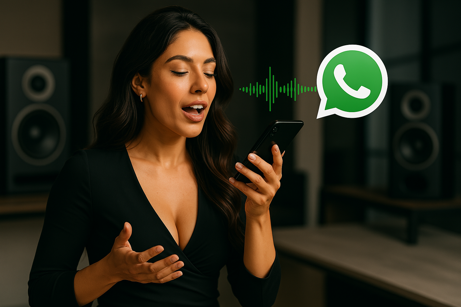 Mulher jovem gravando áudio de vendas no WhatsApp com expressão envolvente, em um ambiente moderno com caixas de som ao fundo.