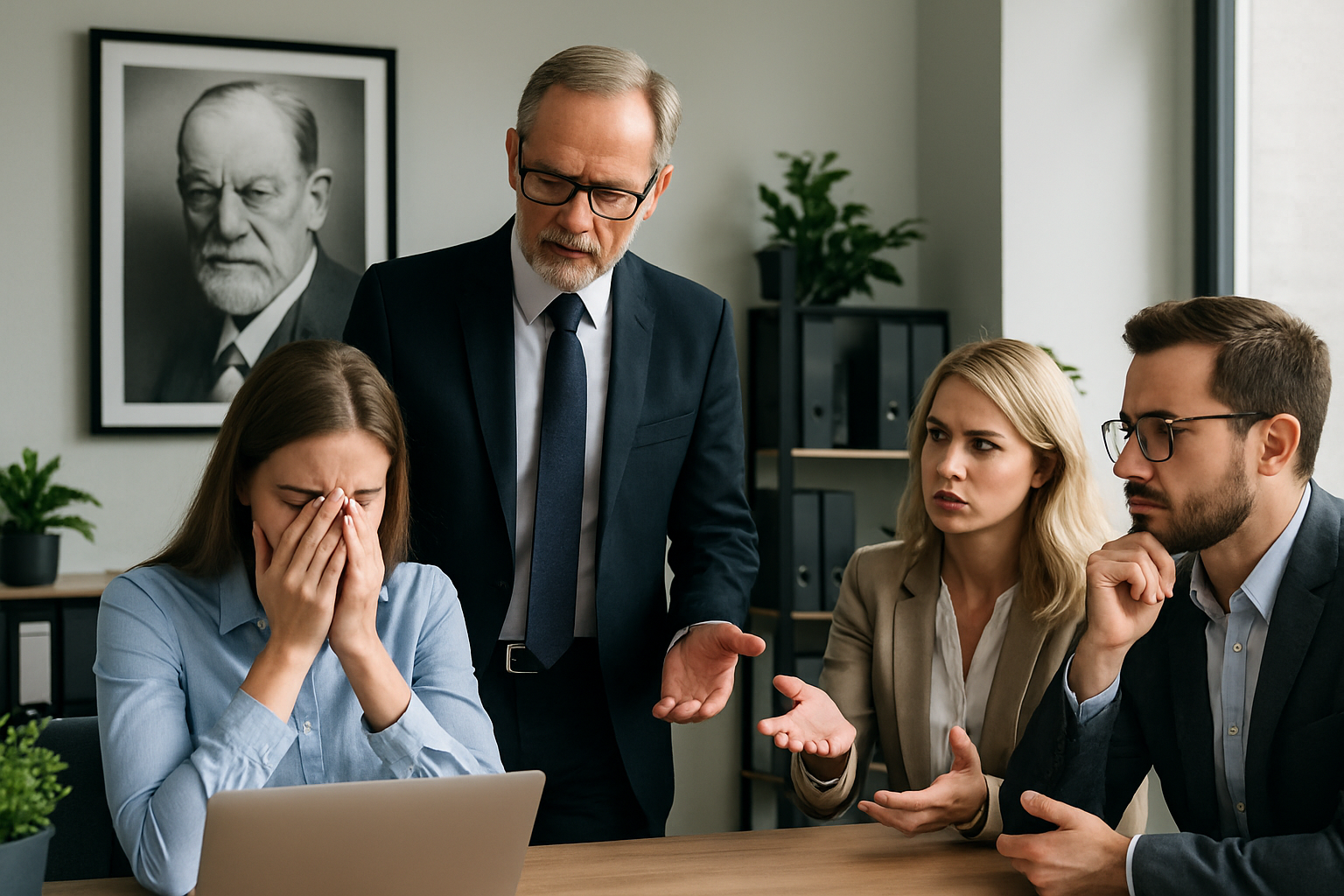 Profissionais discutindo emoções no ambiente de trabalho, com retrato de Freud ao fundo, simbolizando a influência da psicanálise nas relações corporativas.