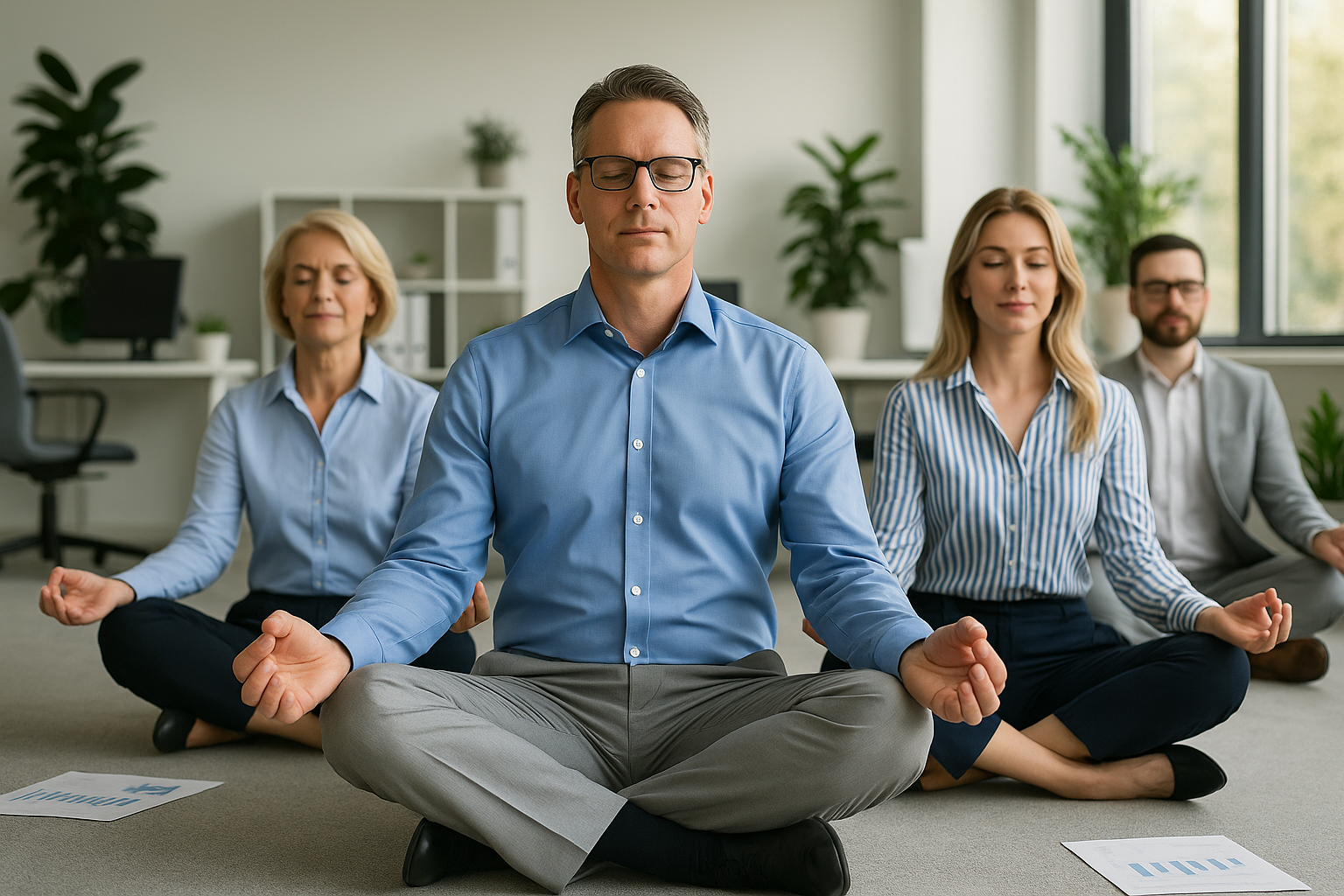 Profissionais meditando em um escritório moderno, simbolizando equilíbrio emocional e foco no ambiente corporativo