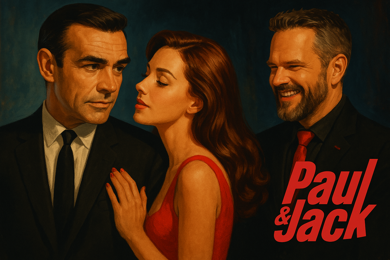 Ilustração estilizada inspirada em filmes clássicos de espionagem, com dois homens elegantes de terno e uma mulher em vestido vermelho entre eles; todos em clima de sedução e charme, com o logotipo “Paul & Jack” em destaque no canto inferior direito.
