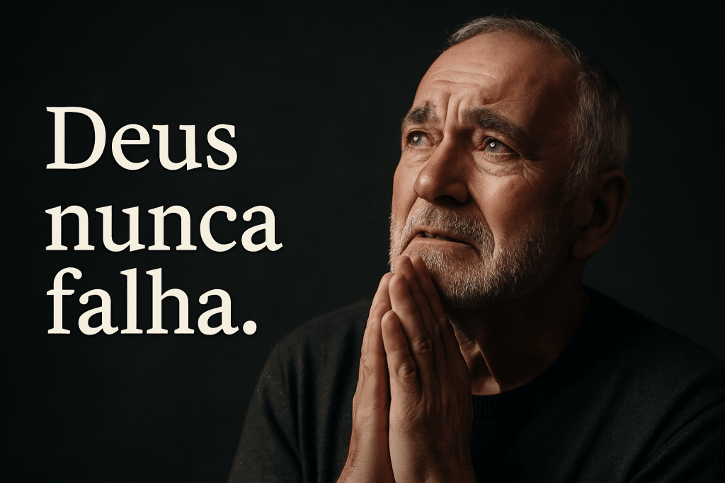 Idoso emocionado em oração, com olhar de fé voltado para cima e as mãos juntas, ao lado da frase "Deus nunca falha" em fundo escuro.