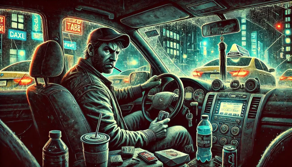 Motorista de aplicativo dirigindo à noite em uma cidade grande. Ele parece exausto, mas focado, com uma das mãos no volante e a outra próxima a uma lata de energético. O painel está desgastado, com um aromatizador antigo, suporte de celular quebrado e embalagens de fast-food. A cidade e luzes de neon se refletem no para-brisa molhado pela chuva, criando uma atmosfera urbana, intensa e solitária.