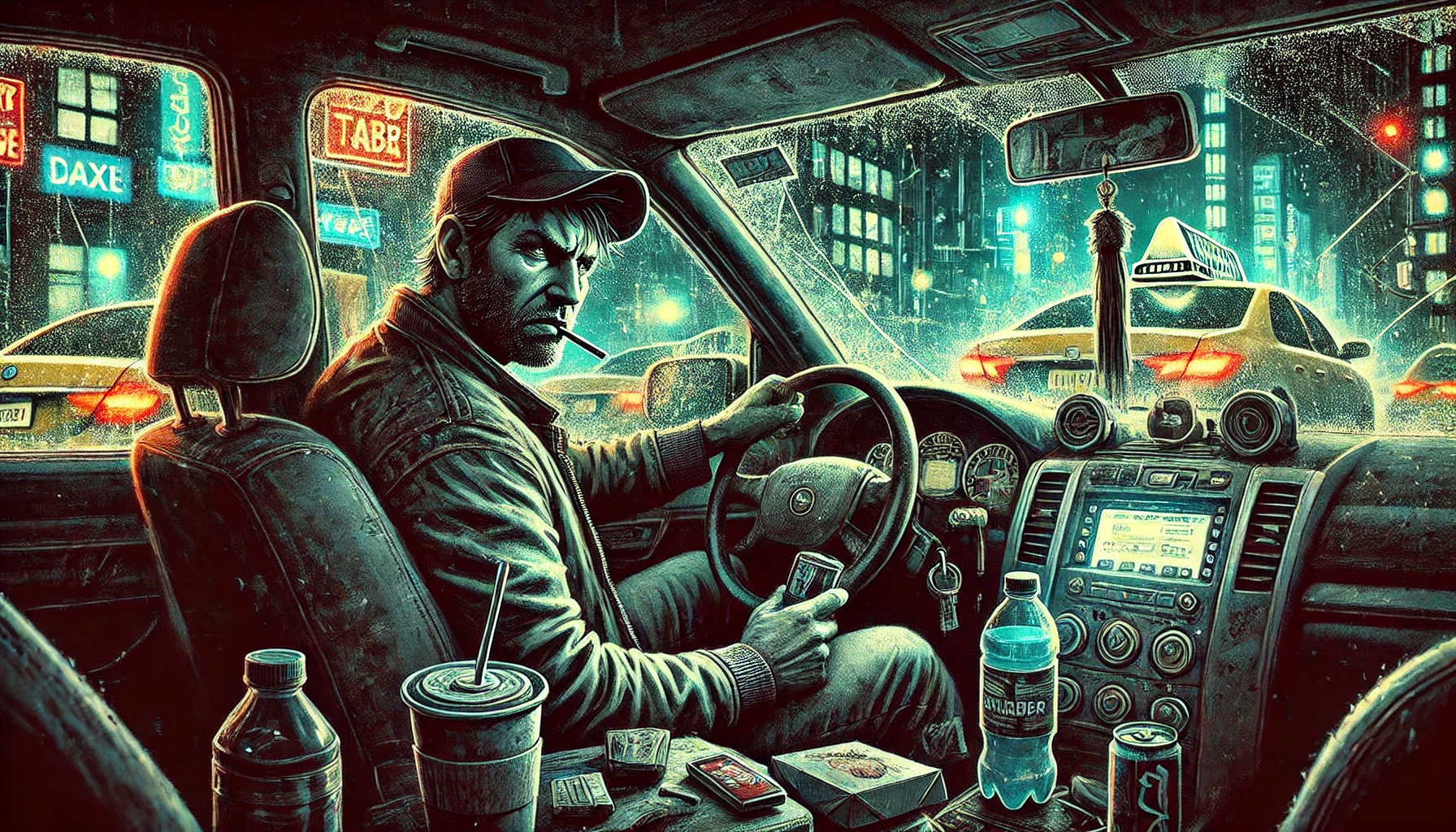 Motorista de aplicativo dirigindo à noite em uma cidade grande. Ele parece exausto, mas focado, com uma das mãos no volante e a outra próxima a uma lata de energético. O painel está desgastado, com um aromatizador antigo, suporte de celular quebrado e embalagens de fast-food. A cidade e luzes de neon se refletem no para-brisa molhado pela chuva, criando uma atmosfera urbana, intensa e solitária.