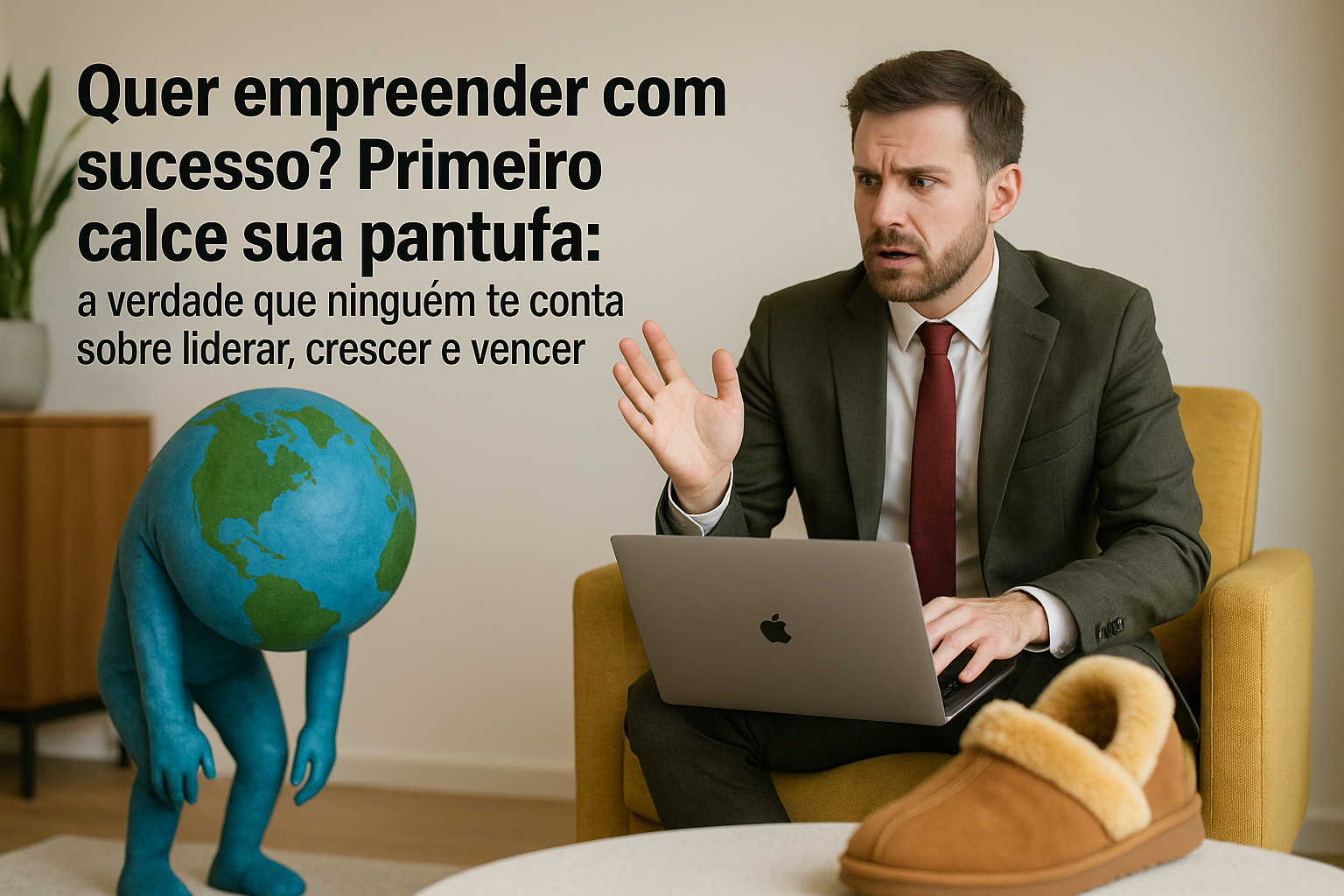 Homem de negócios em terno verde com expressão de surpresa, sentado em uma poltrona amarela com laptop no colo, ao lado de uma pessoa fantasiada como planeta Terra, cansada. Em primeiro plano, um par de pantufas marrons.