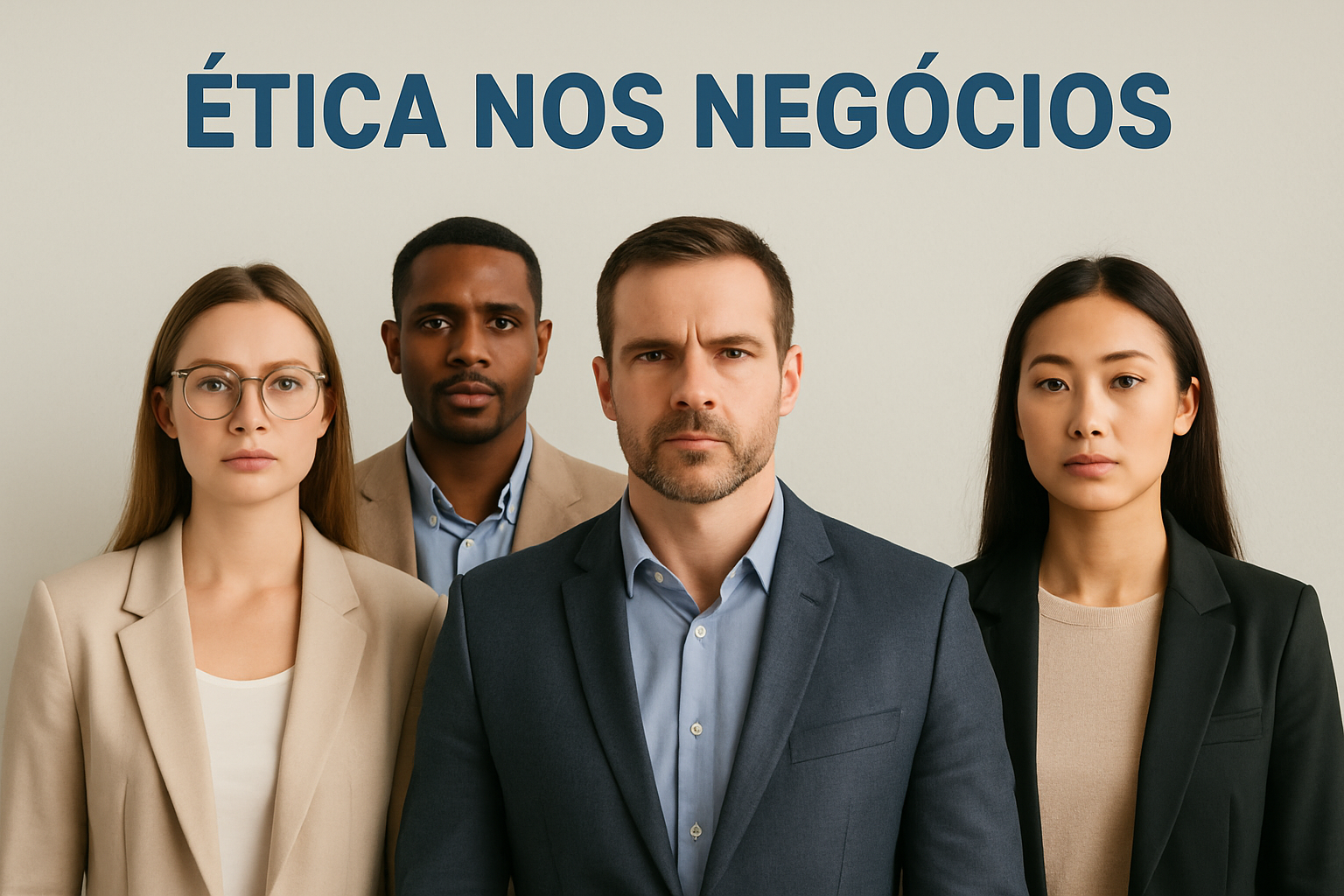 Quatro profissionais sérios, de diferentes origens, posam juntos diante de uma parede clara com o título "Ética nos Negócios" acima deles, representando compromisso com integridade e responsabilidade empresarial.