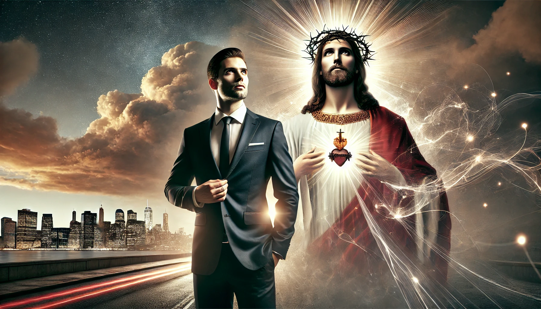 Empreendedor moderno em terno escuro, de pé com confiança ao lado de uma figura luminosa de Cristo com coroa de espinhos, ambos diante de uma cidade sob nuvens dramáticas. Luz intensa emana do coração de Cristo, iluminando o caminho. O logo "Paul & Jack" aparece no topo esquerdo.
