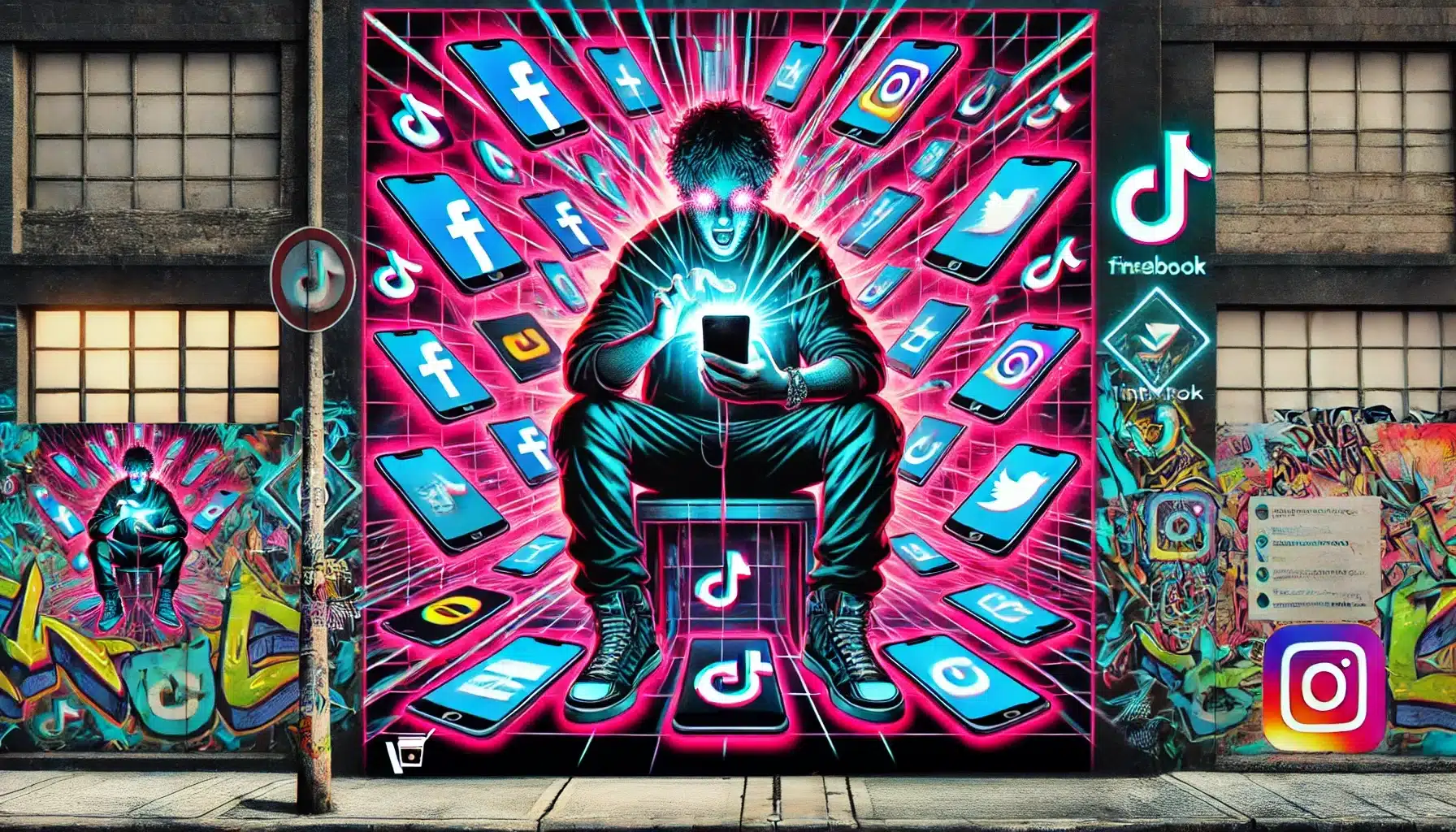 Imagem de um ambiente de trabalho moderno e minimalista, com um notebook, celular e xícara de café sobre uma mesa. Ícones translúcidos de redes sociais como Instagram, TikTok, YouTube e Facebook flutuam ao fundo. Texto na parte inferior diz: "Você tá só usando ou já tá distribuindo?".