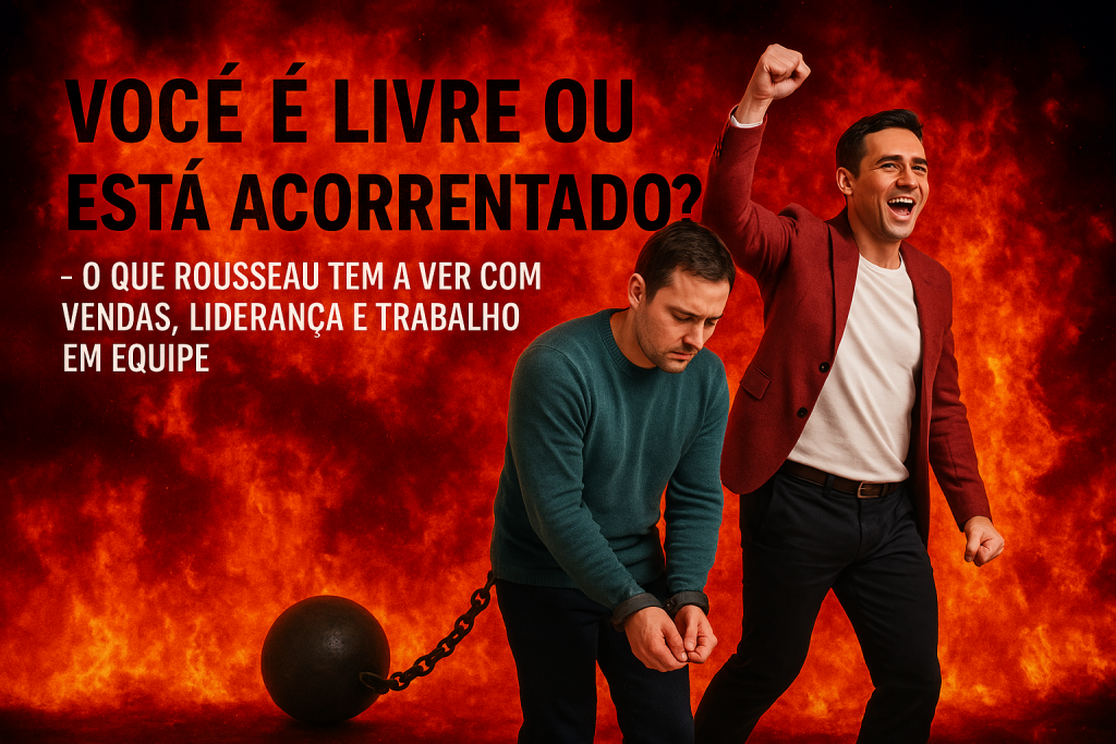 Dois homens em contraste simbólico: um está acorrentado e curvado, em sinal de derrota; o outro se ergue confiante, livre, diante de um fundo dramático em tons de fogo e sombras, representando a luta entre opressão e liberdade.