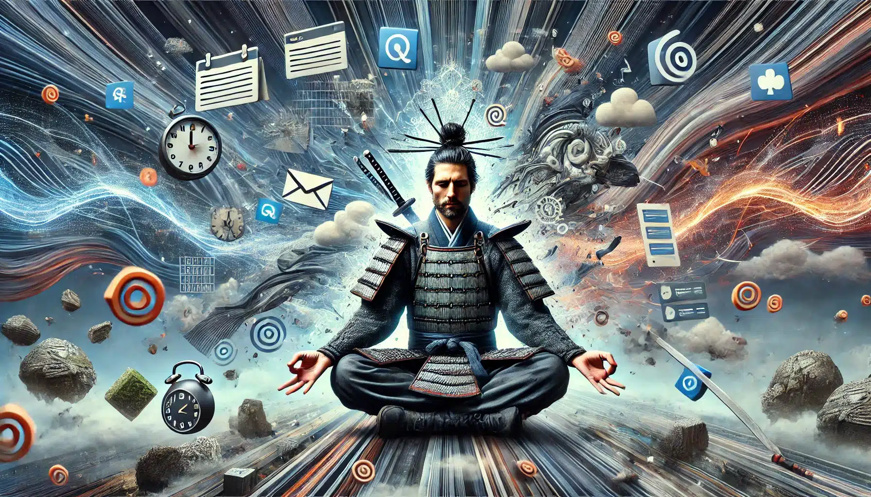 Homem caracterizado como um samurai moderno, inspirado em Tom Cruise no filme O Último Samurai, meditando no centro de um turbilhão de caos digital com ícones de e-mail, relógios e tarefas explodindo ao redor.