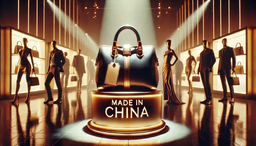 Bolsa de luxo com etiqueta “Made in China” em destaque, cercada por silhuetas desejando o item, em um cenário sofisticado e irônico.