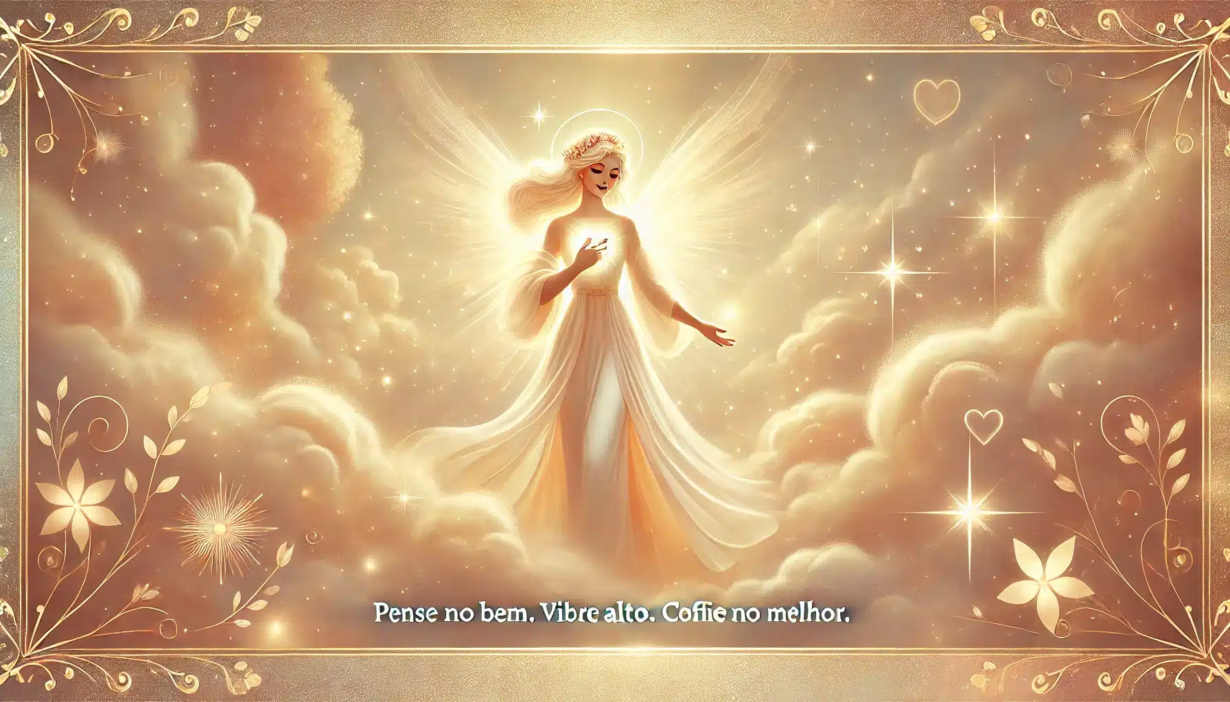 Imagem celestial com uma figura feminina simbólica sorridente, cercada por nuvens douradas e raios de luz suave. Ao redor flutuam corações, flores e estrelas. Na parte inferior, a frase “Pense no bem. Vibre alto. Confie no melhor.” em fonte brilhante.