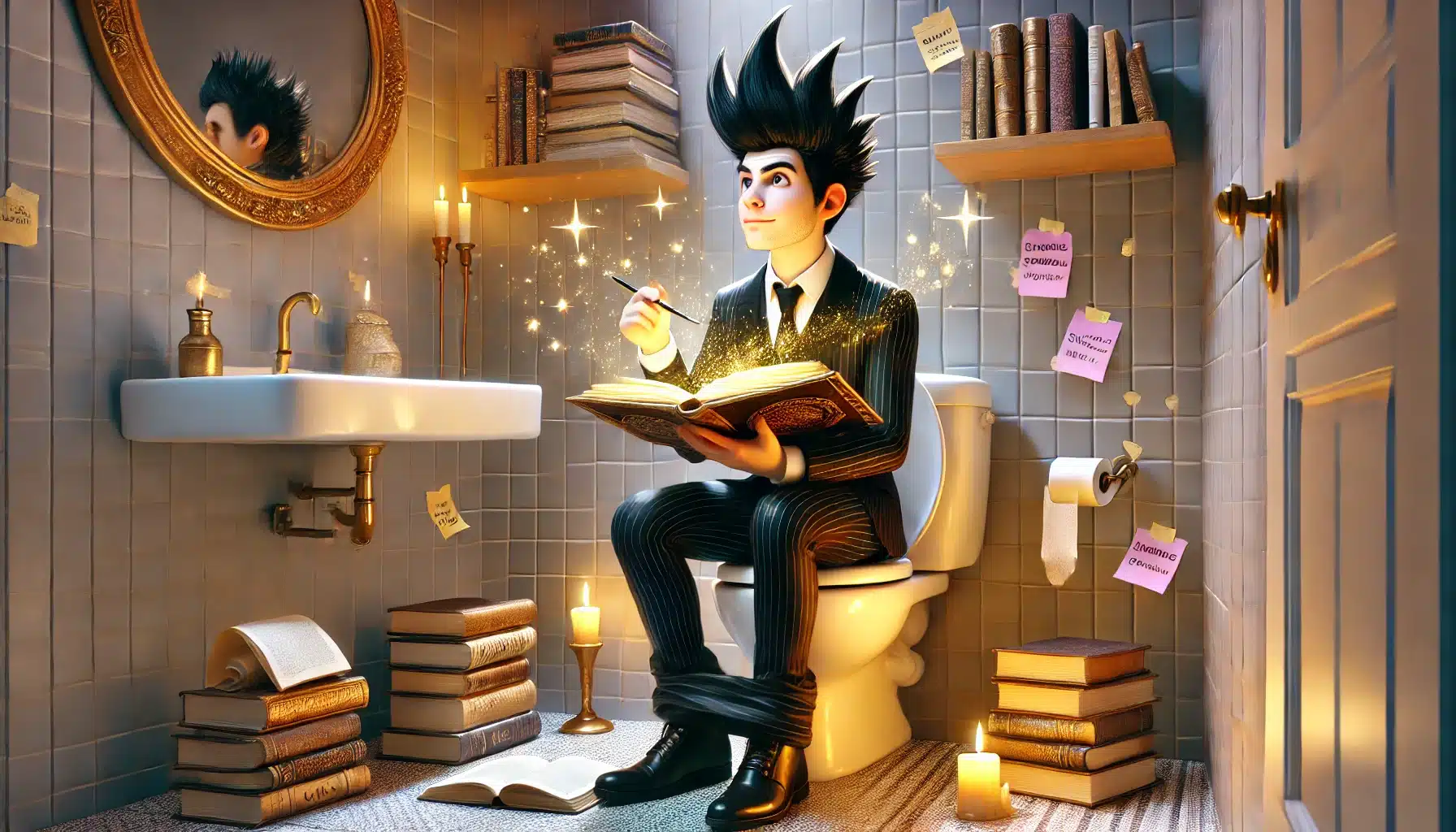 Ilustração de um jovem mágico com cabelo estilizado, sentado em uma privada lendo um caderno mágico em um banheiro cheio de livros e anotações.