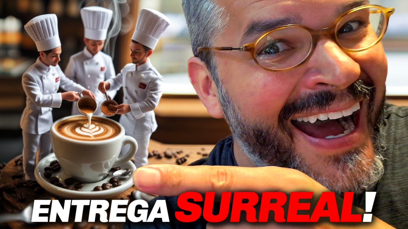 Três cozinheiros preparando um café especial, ao lado um homem sorridente apontando para eles.