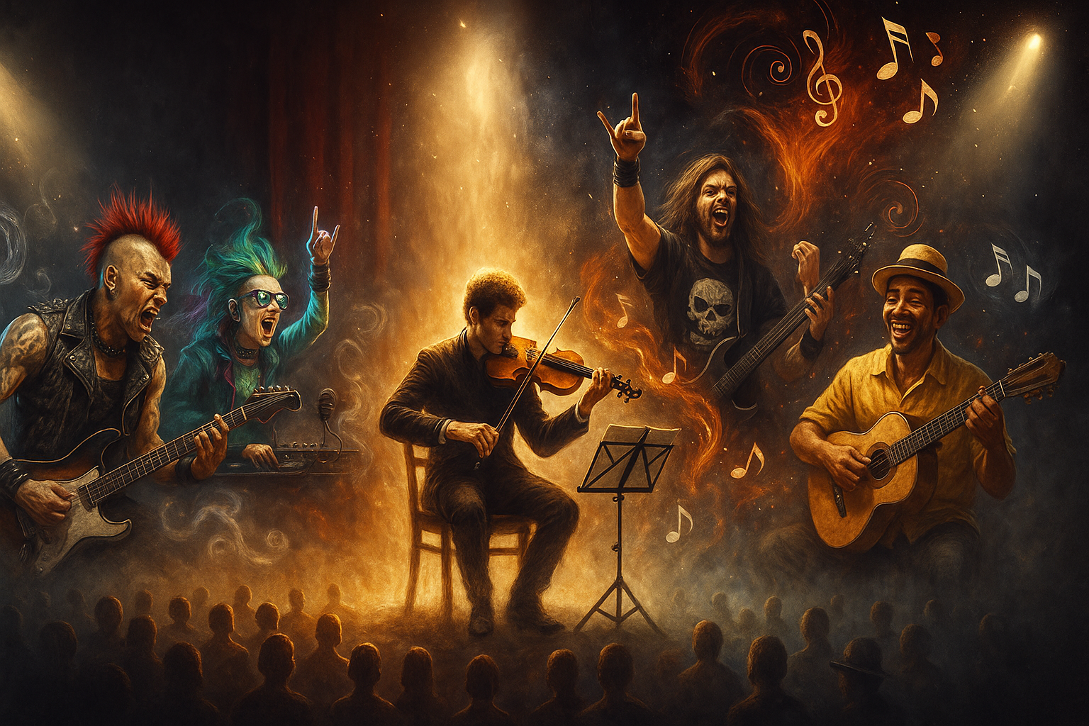 Pintura digital mostrando um violinista no centro do palco, rodeado por músicos de estilos distintos como punk, metal, cyberpunk e pagodeiro, cada um com trajes e expressões intensas, representando diferentes gêneros musicais diante de uma plateia.