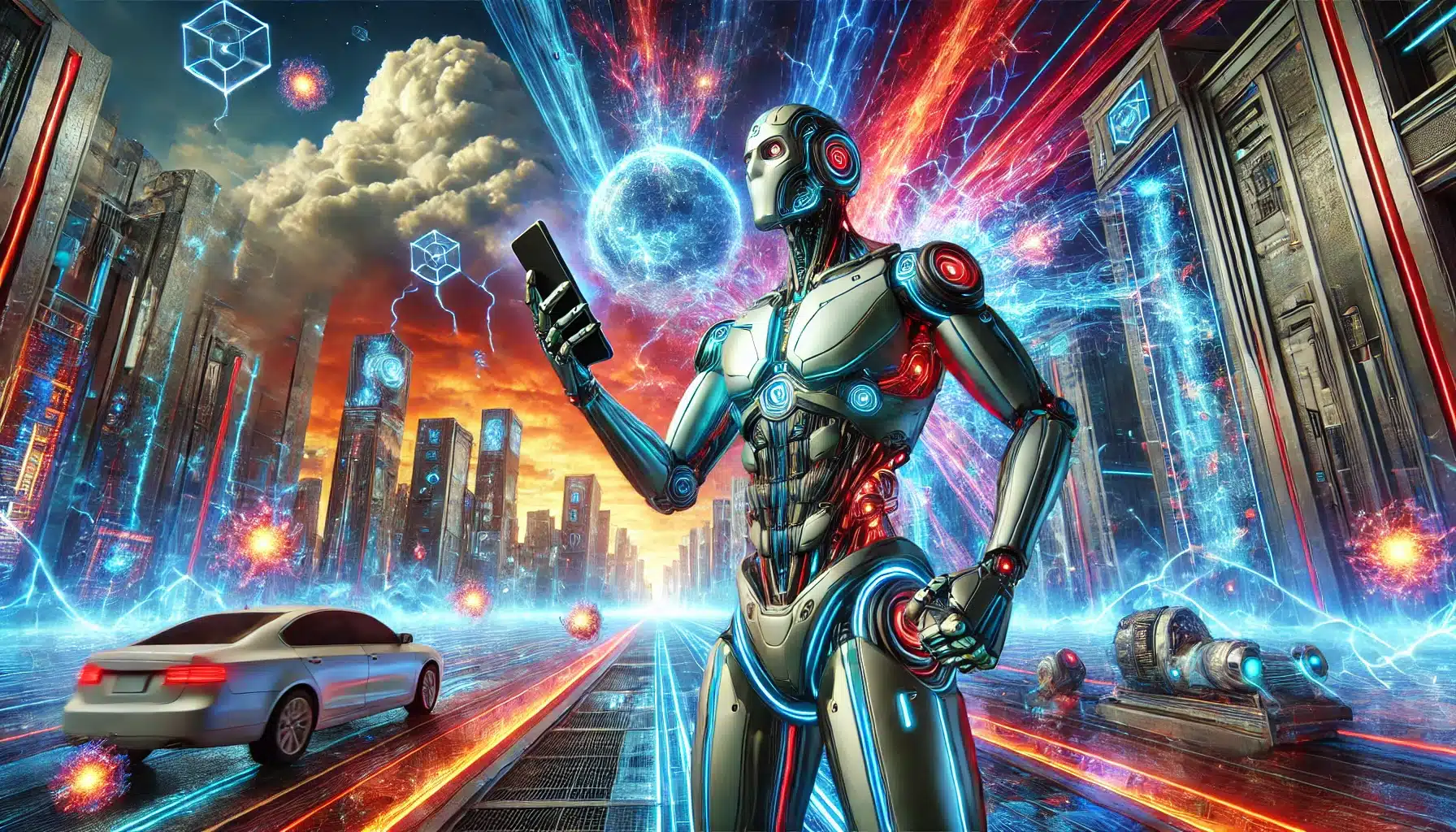 Ciborgue futurista segurando um smartphone em meio a um cenário caótico, com luzes neon, hologramas e elementos tecnológicos intensos.