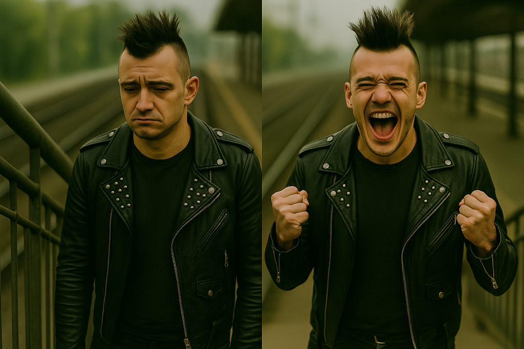 Montagem com dois retratos de um punk: à esquerda desanimado, à direita vibrando de alegria em uma estação de trem vazia.