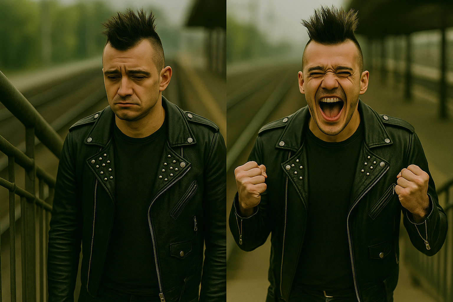 Montagem com dois retratos de um punk: à esquerda desanimado, à direita vibrando de alegria em uma estação de trem vazia.